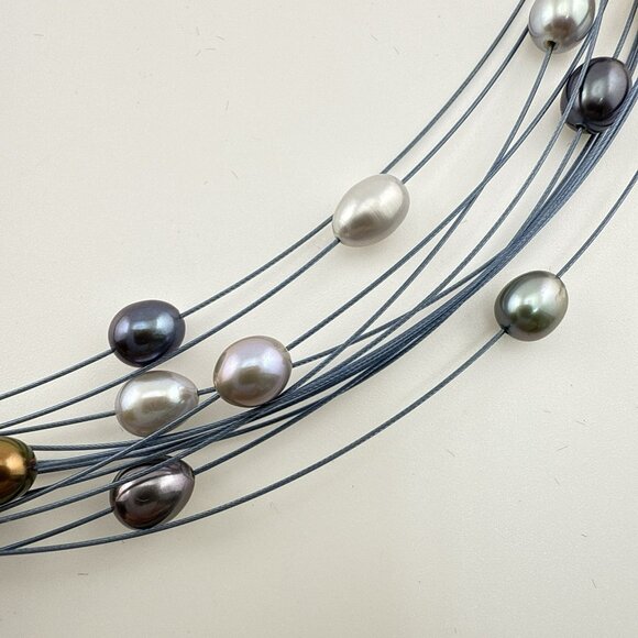 Honora Pearl Necklace Illusion Wire Blue Multi Color Gray Multi Strand Box - Picture 6 of 15